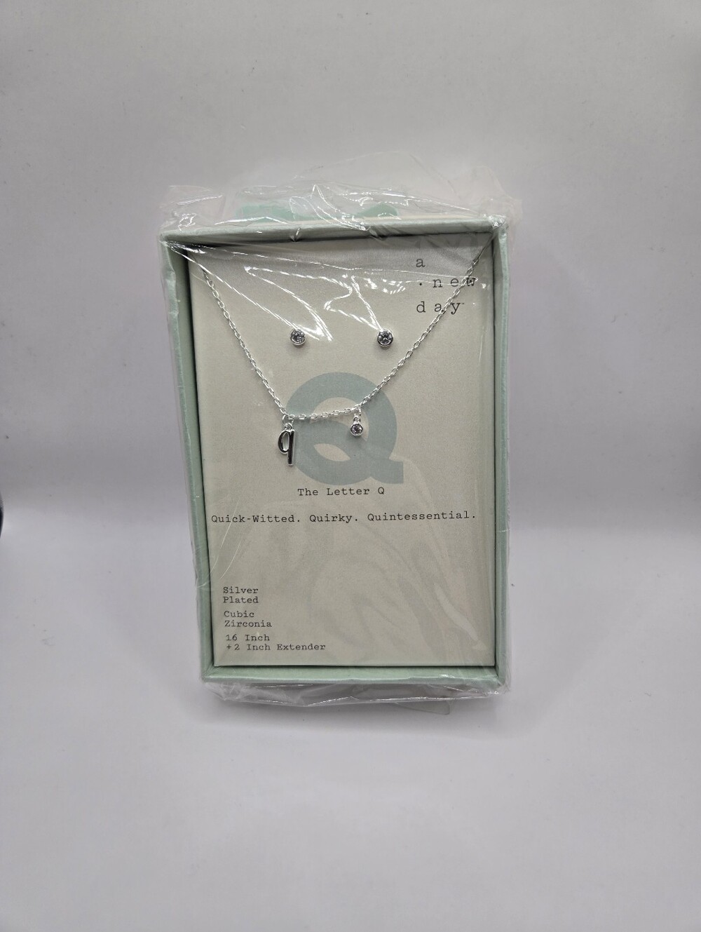A New Day Letter Q Necklace & Earrings Set Silver Plated Cubic Zirconia NWT